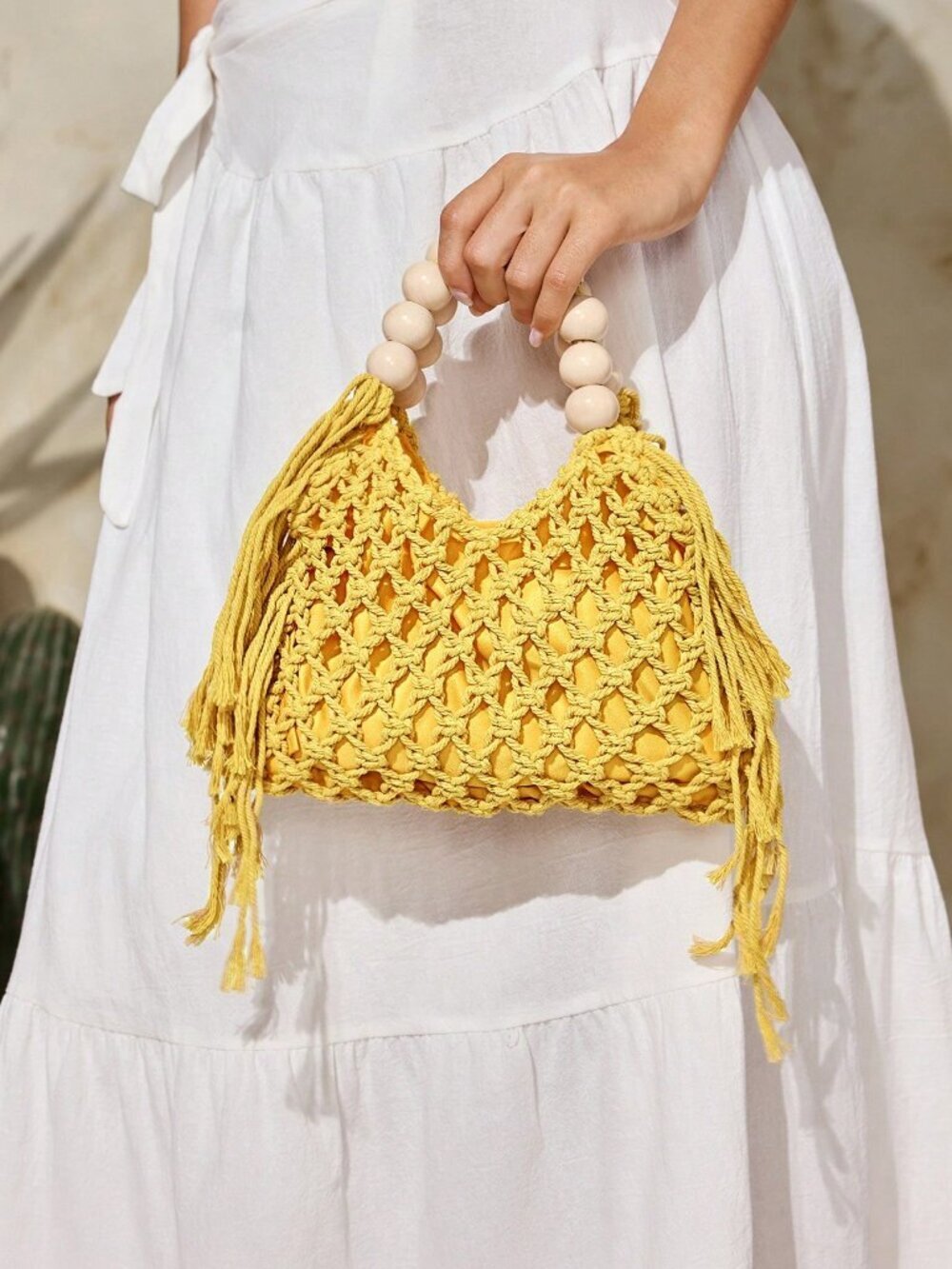 Yellow Vacation Women's Woven Crochet Wood Bead Tote Handbag - Picture 2 of 8